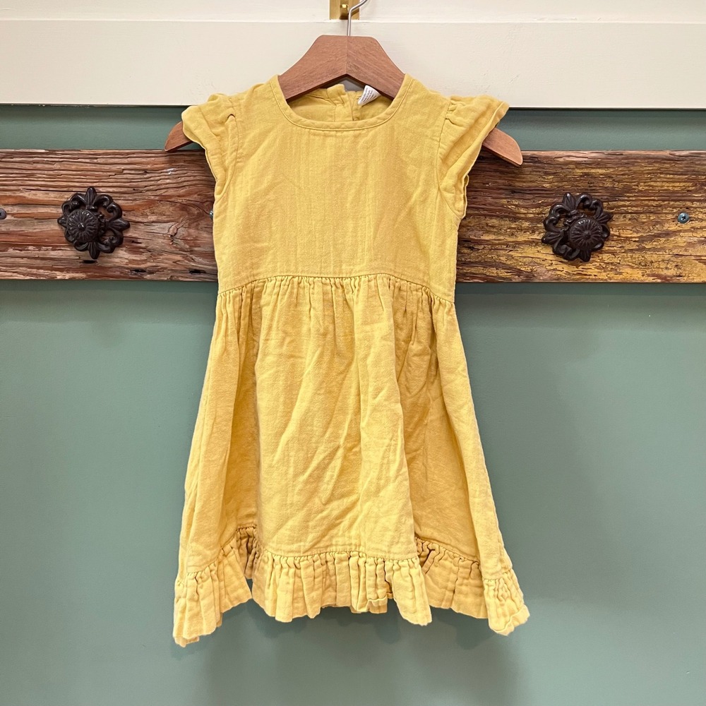 Kate Quinn Mustard Yellow Organic Cotton Gauze Flutter Sleeve Dress‎ 3T